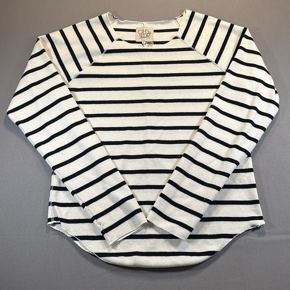 Chaser Striped Long Sleeve Rounded Hem Raw Edge Shirt - Large